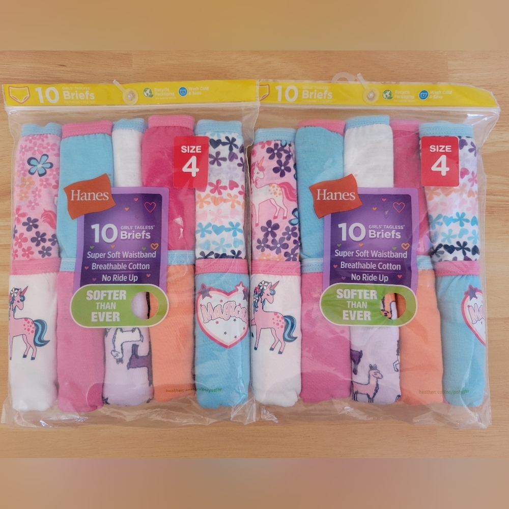 Great Value 2-Pack Hanes Girls Tagless Briefs Underwear Size 4 (Total 20 pieces)
